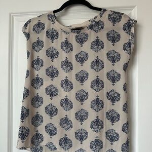LOFT Navy and Cream Patterned Blouse size xxsp